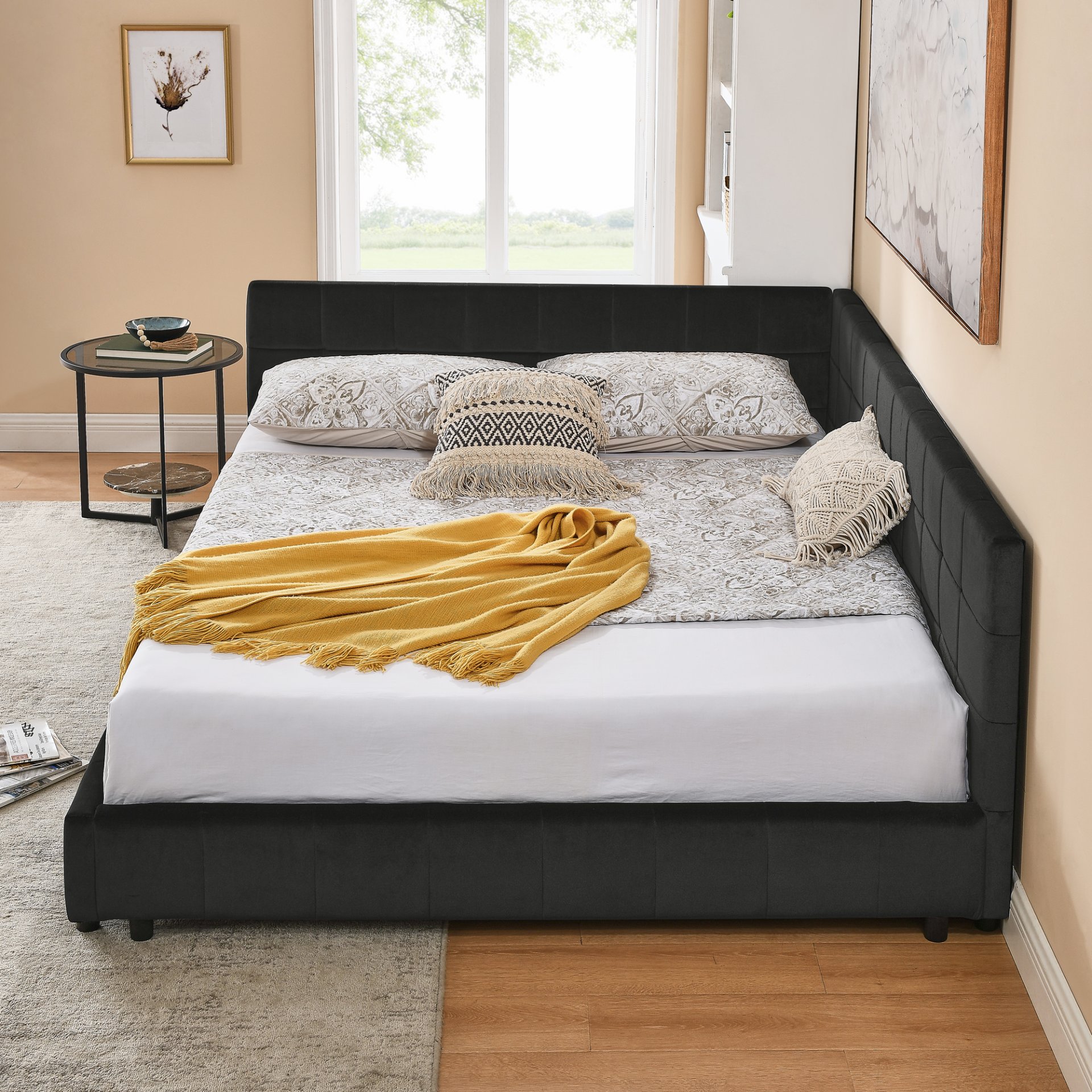 Mid Century Velvet Queen Size Upholstered Tufted Bed Frame With Backrest And Armrests - Black - Image 9