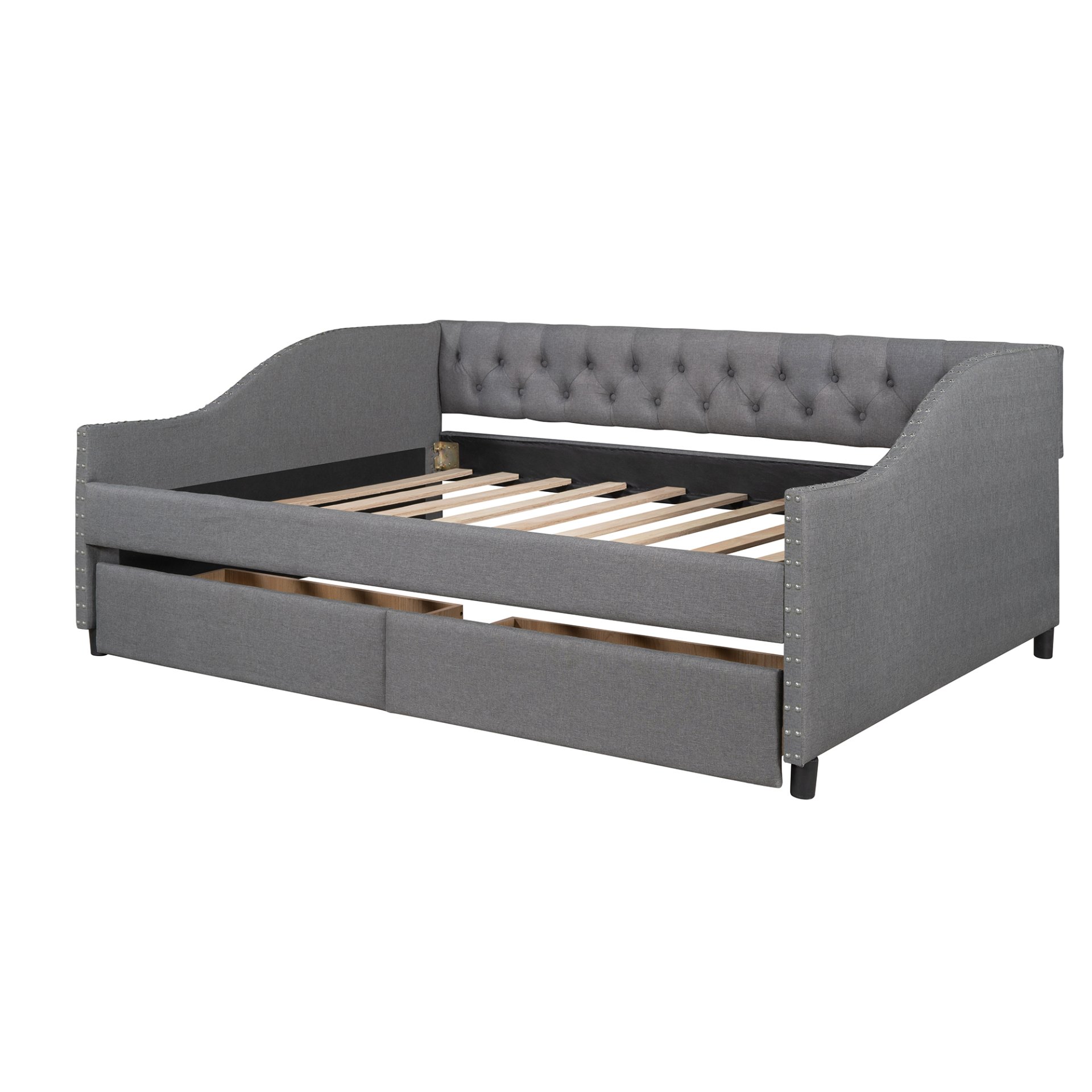 Full Size Upholstered Daybed With Two Drawers, Slat Support - Gray - Image 5