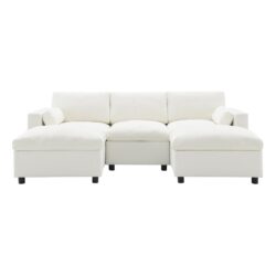 Modular Sectional With Storage Pockets, 5 Seat U Shaped Couch Set With Pillows Free Combination Modern Cloud Sofa With 2 Movable Ottoman - White