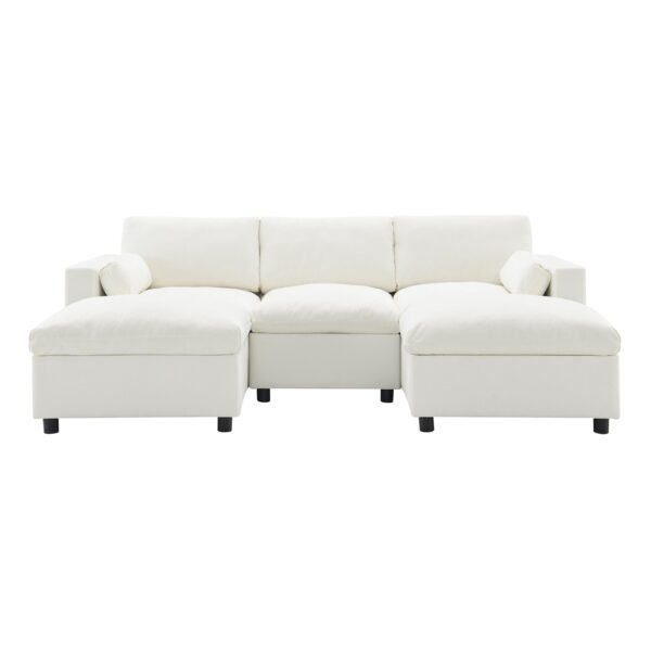Modular Sectional With Storage Pockets, 5 Seat U Shaped Couch Set With Pillows Free Combination Modern Cloud Sofa With 2 Movable Ottoman - White
