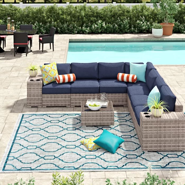 Stylish Rattan Wicker 6 Person Seating Group With Premium Sunbrella Cushions Perfect For Outdoor Entertaining - Dark Gray / Navy Blue - Image 8