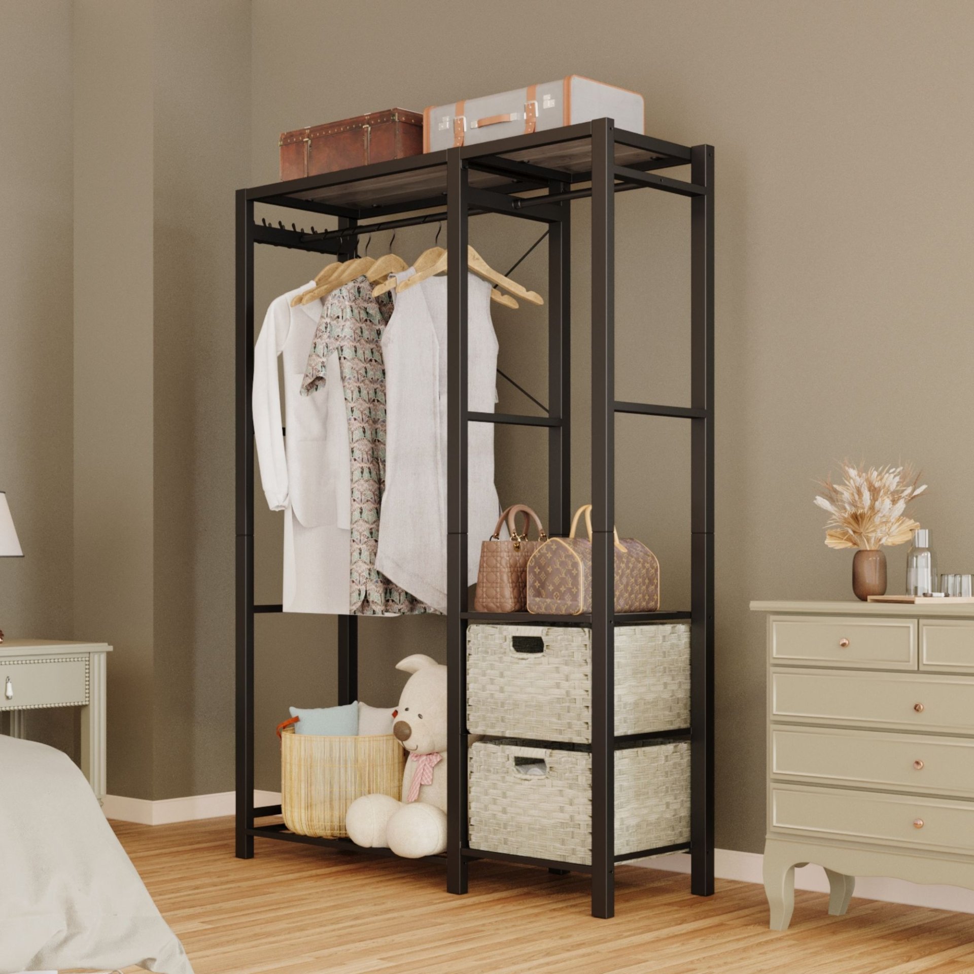 Acacia Wood Garment Rack With Shelves, 2 Wicker Drawers, 4 Hooks, Heavy Duty Closet Organizer - Light Gray - Image 7