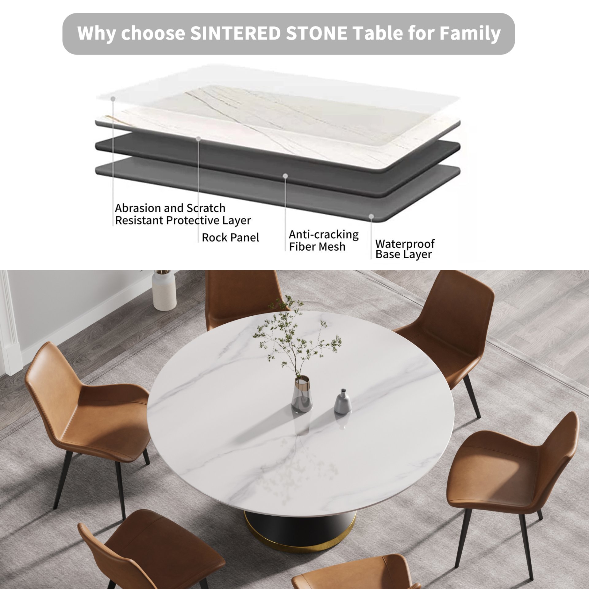 59.05" Modern Artificial Stone Round Carbon Steel Base Dining Table, Can Accommodate 6 People - White / Black - Image 7