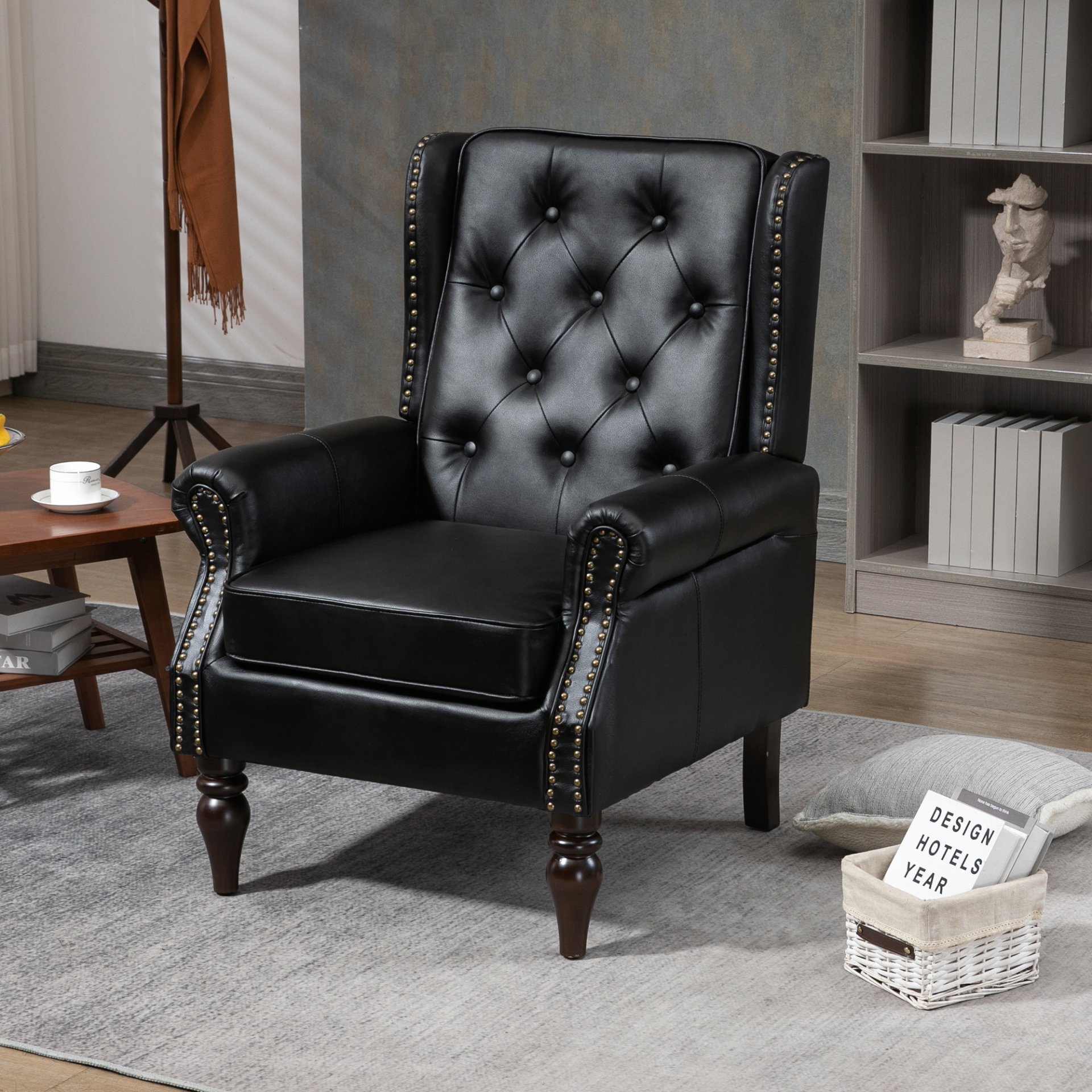 Modern Accent Armchair With Sturdy Wood Legs Leather For Living Room Or Bedroom - Black - Image 2