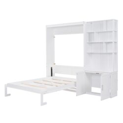 Full Size Murphy Bed With Multiple Storage Shelves And A Cabinet - White