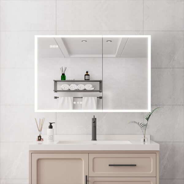 Bathroom Medicine Cabinet With Lights, LED Medicine Cabinet With Mirror, Double Door Lighted Medicine Cabinet & Defogger, Dimmer, Clock & Temp Display, 2 Outlets & USB Ports - Silver