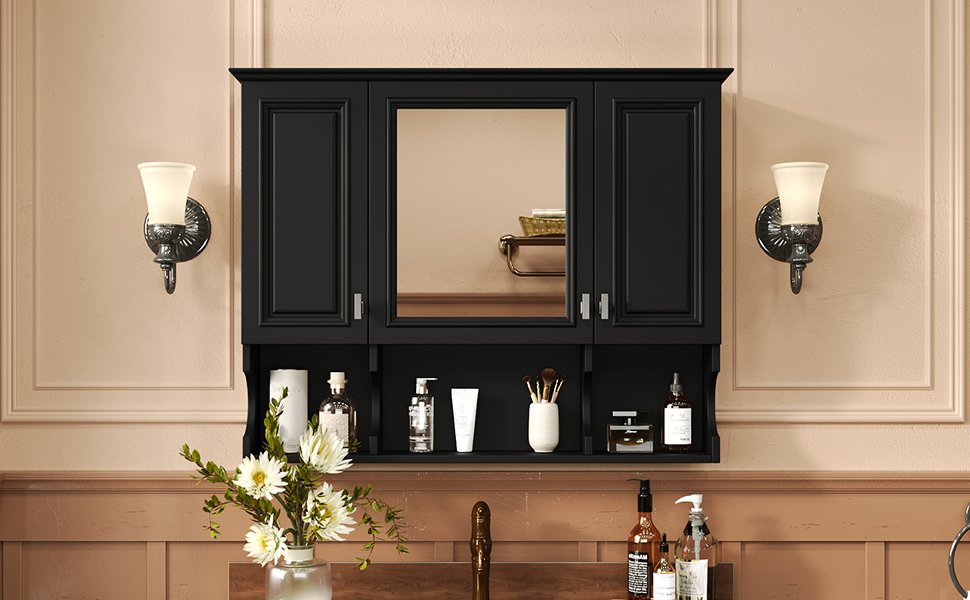 Wall Mounted Bathroom Medicine Cabinet, Modern Bathroom Wall Cabinet With Mirror, Mirror Cabinet With Open Shelves - Black - Image 21