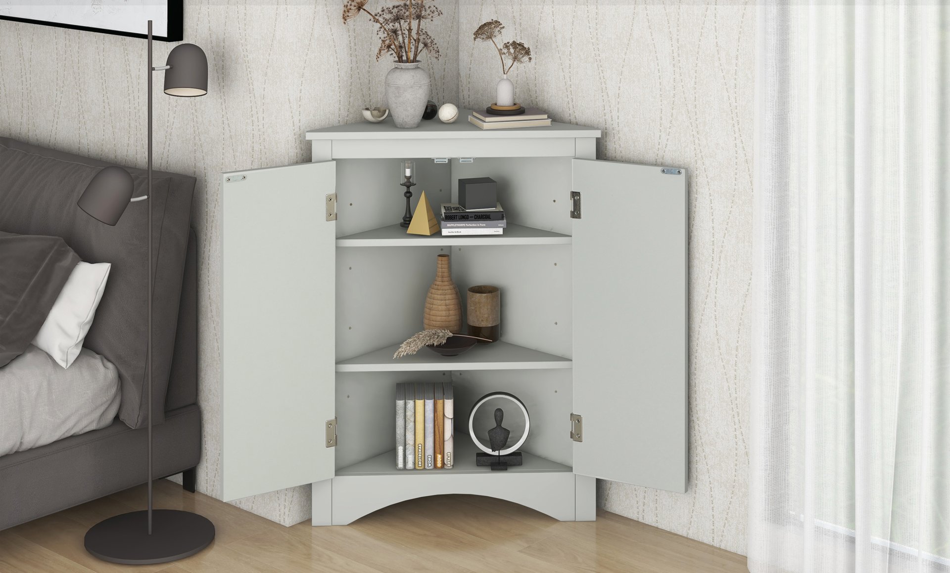 Triangle Bathroom Storage Cabinet With Adjustable Shelves, Freestanding Floor Cabinet For Home Kitchen - Gray - Image 8