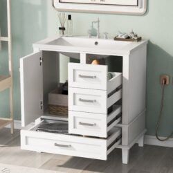Bathroom Vanity, Modern Bathroom Cabinet With Sink Combo Set, Bathroom Storage Cabinet With A Soft Closing Door And 3 Drawers, Solid Wood Frame, Resin Basin - White