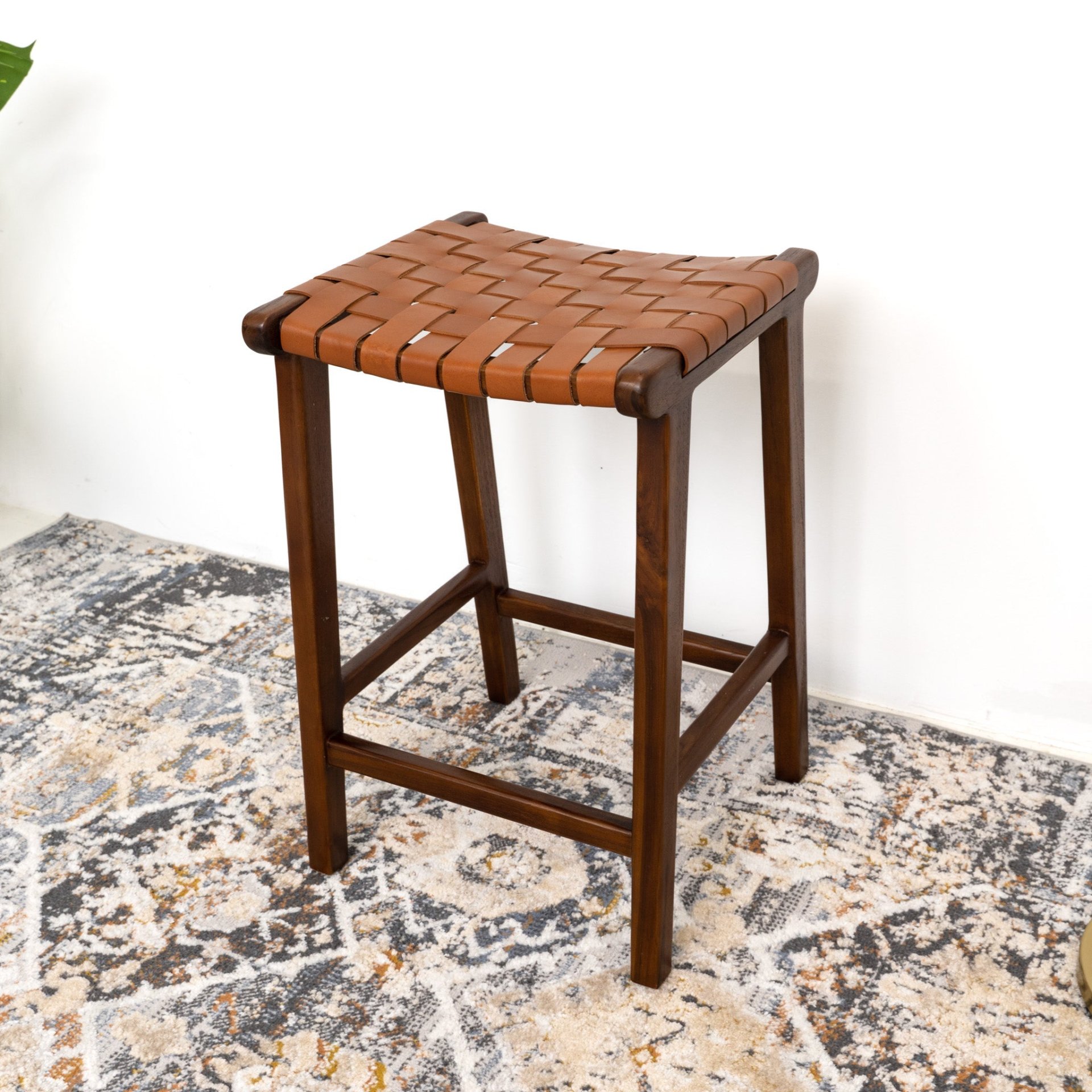 James - Mid-Century Modern Genuine Leather Counter Stool - Brown / Rustic - Image 8