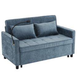Loveseat Sofa Pull Out Sofa Bed Sleeper Sofa With A Reversible Backrest Cushion, Side Pockets, 2 USB Ports And A Phone Holder For Living Room - Blue