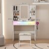 Vanity Desk With LED Lights Mirror, Power Outlet, Storage Drawers & Chair - White - Image 3