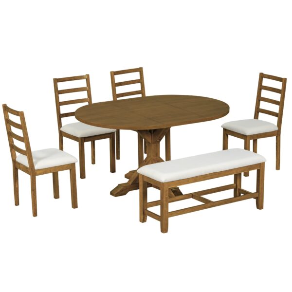 Topmax - 6 Piece Farmhouse Extendable Pedestal Dining Table Set With Removable Leaf, Bench And 4 Ladder Back Dining Chairs - Dark Brown