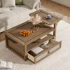 Modern Coffee Table, Coffee Table With 1 Storage Shelf, 2 Tabletops And 1 Rattan Drawer For Living Room - Dark Brown - Image 3