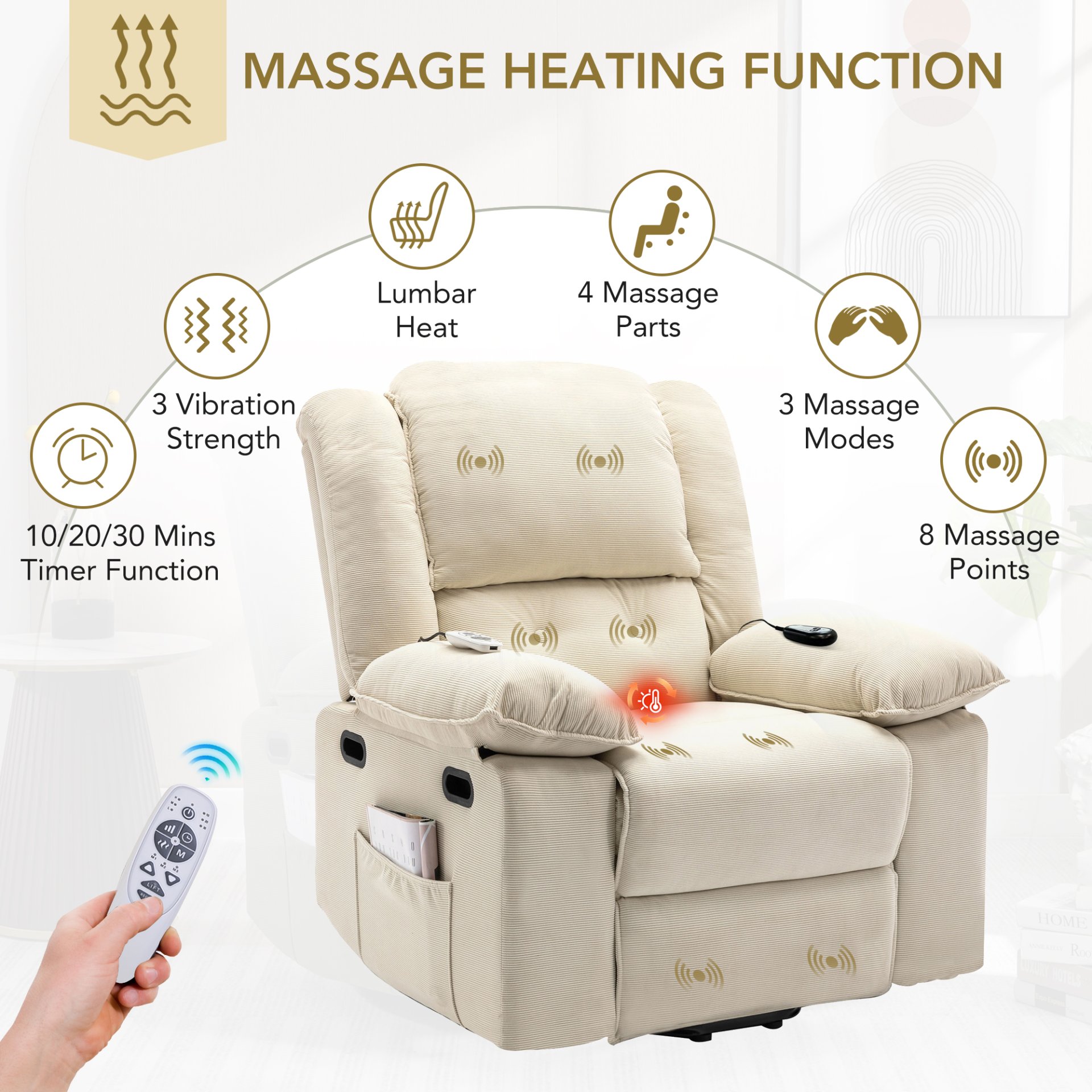 Massage Recliner, Power Lift Chair With Adjustable Massage And Heating Function, Recliner Chair & Infinite Position And Side Pocket For Living Room - Beige - Image 4