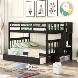 Full Over Full Stairway Bunk Bed With Drawer, Storage And Guard Rail For Bedroom - Espresso