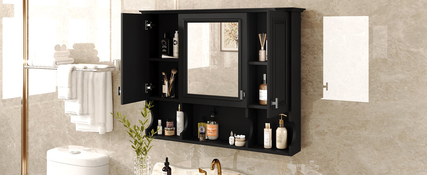 Wall Mounted Bathroom Medicine Cabinet, Modern Bathroom Wall Cabinet With Mirror, Mirror Cabinet With Open Shelves - Black - Image 26