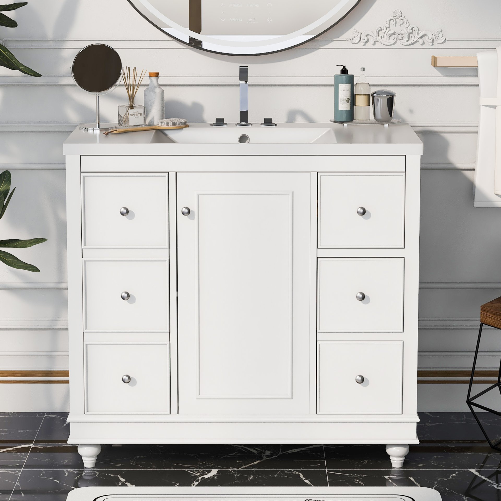 Contemporary Bathroom Vanity Cabinet, 4 Drawers & 1 Cabinet Door, Multipurpose Storage, Resin Integrated Sink, Adjustable Shelves, Solid Wood Frame With MDF - White - Image 2