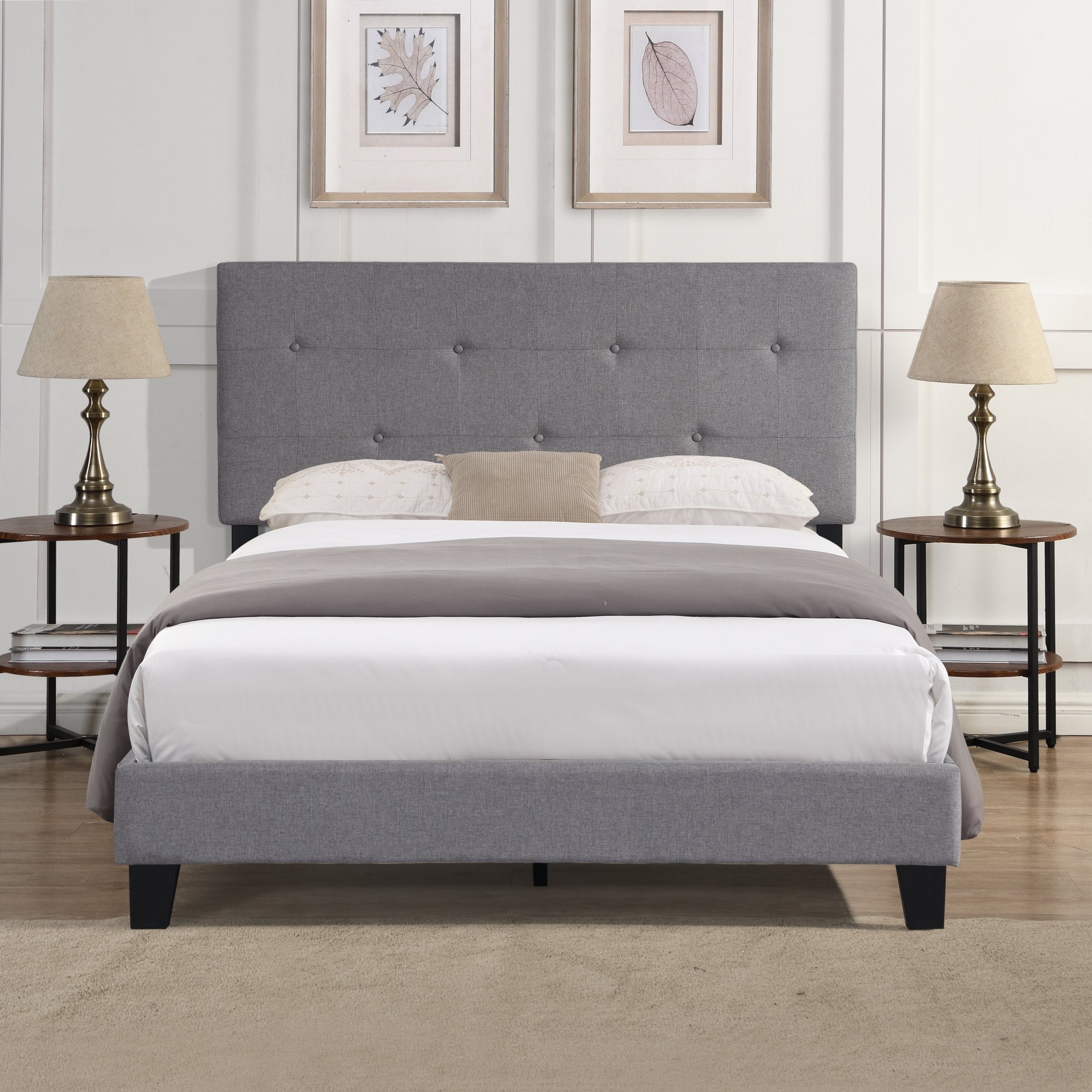 Full Size Upholstered Platform Bed Frame With Modern Button Tufted Linen Fabric Headboard, No Box Spring Needed, Wood Slat Support - Gray - Image 4