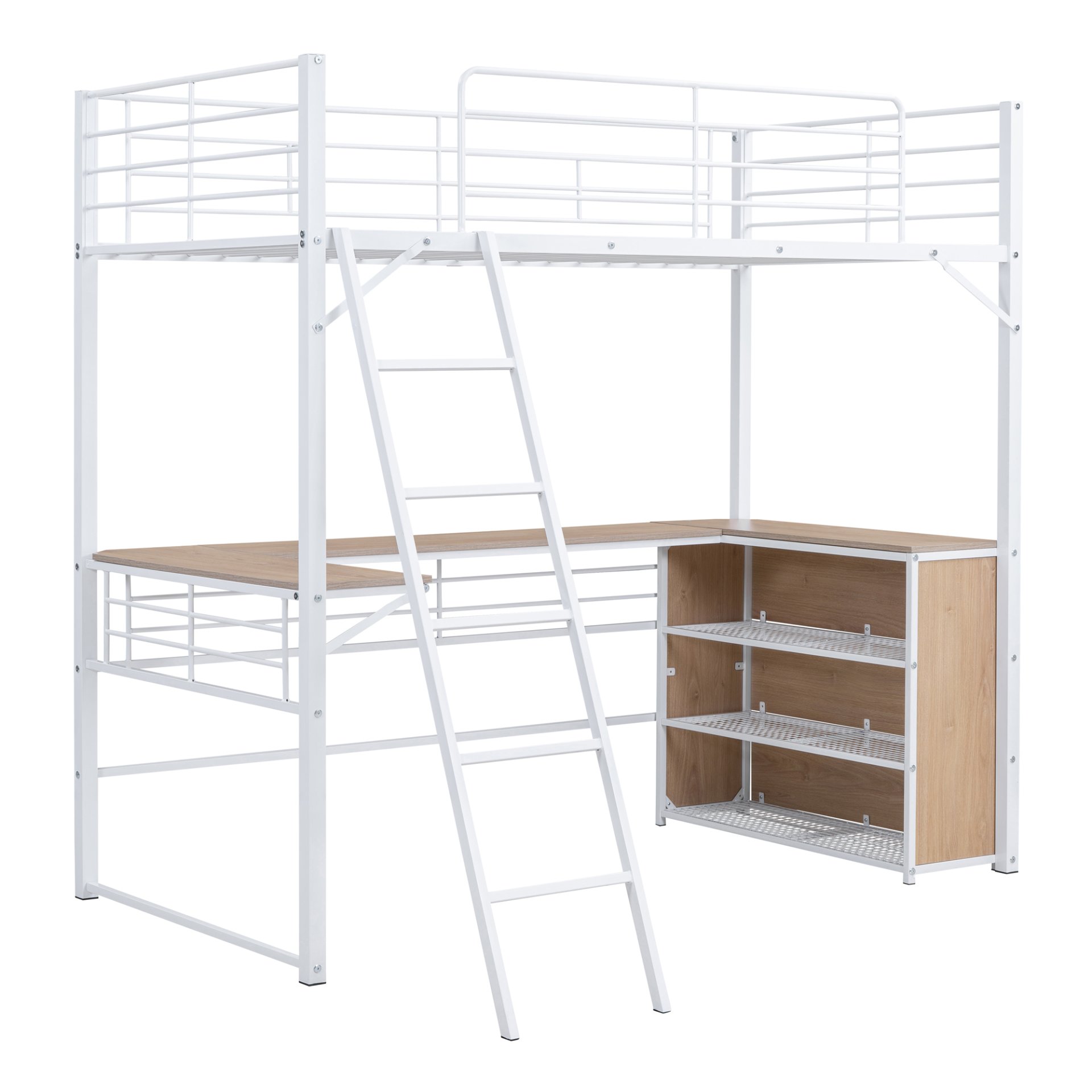 Twin Size Loft Bed With 3 Layers Of Shelves And L-Shaped Desk - White - Image 5