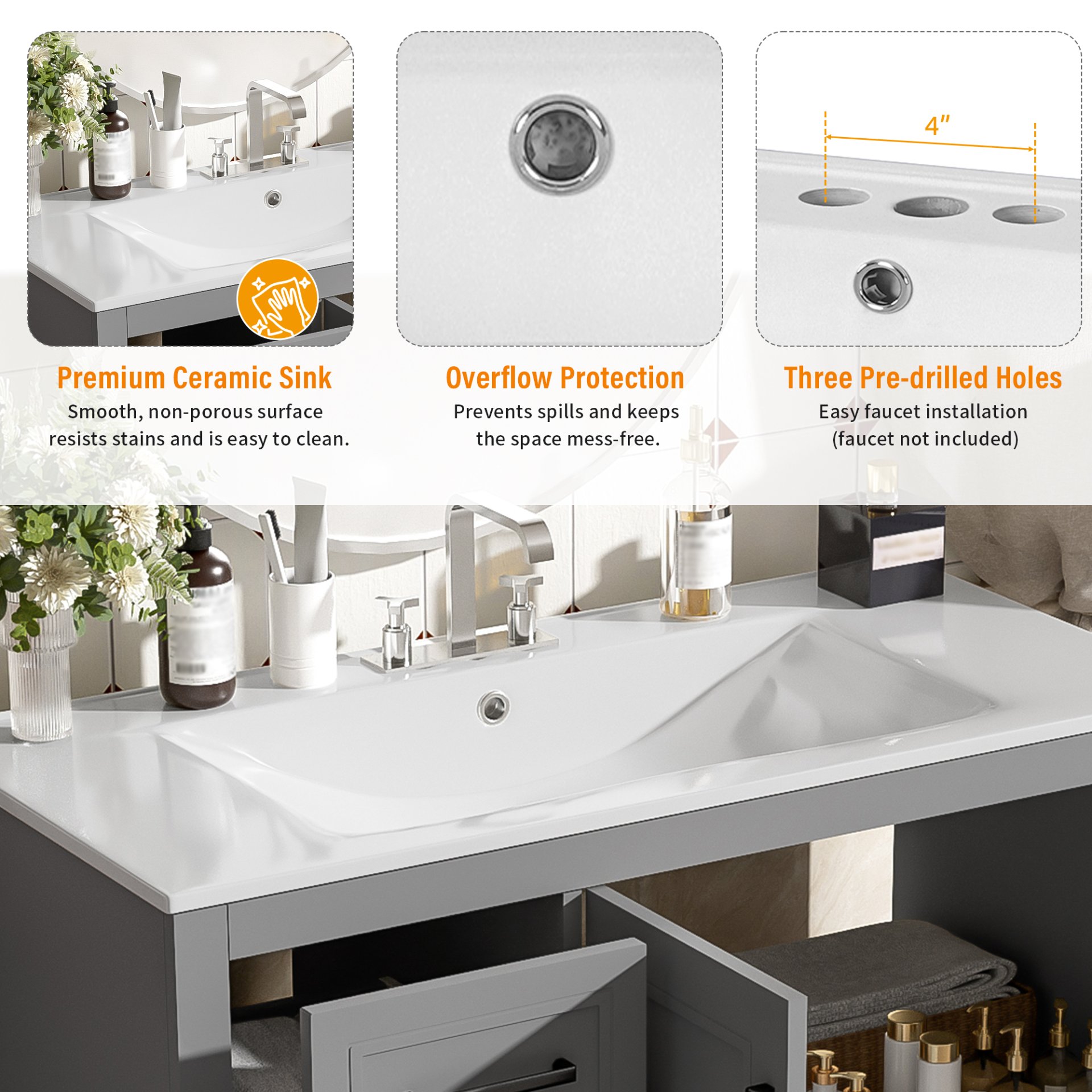 36" Bathroom Vanity With Sink, Soft Close Doors, Adjustable Shelf & 3 Drawers - Gray - Image 8