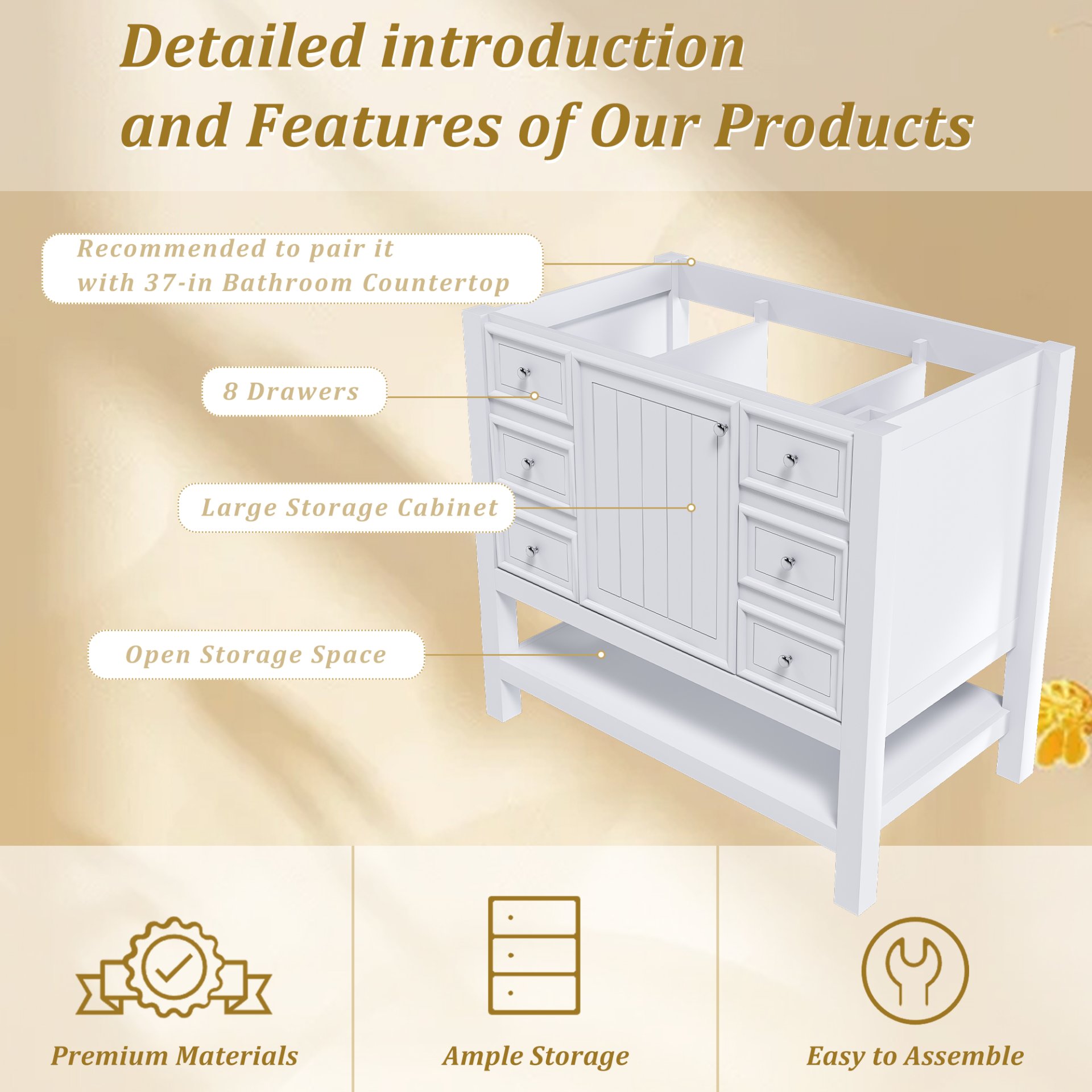36" Bathroom Vanity With 1 Cabinet And 3 Drawers 1, Storage Solution - White - Image 5