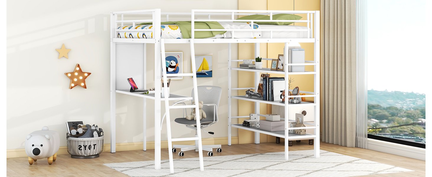 Full Size Loft Bed With 3 Layers Of Shelves And Desk, Stylish Frame Bed - White - Image 14