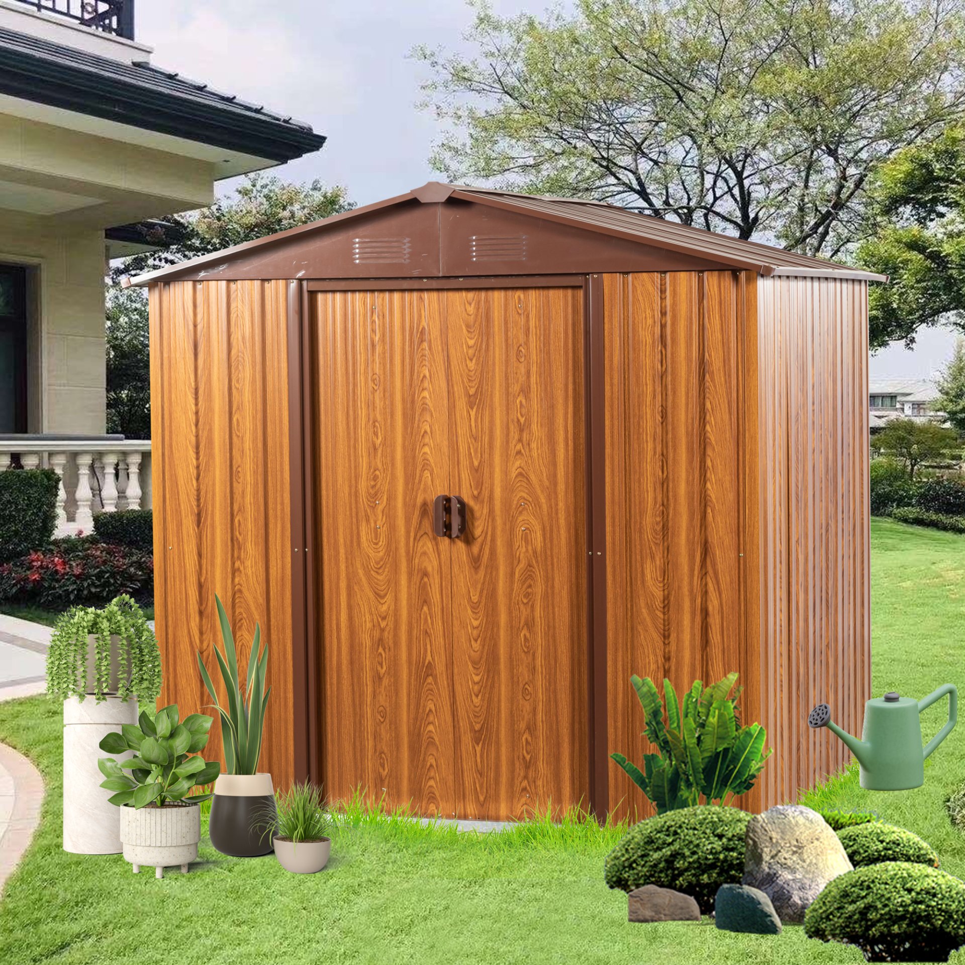 Metal Storage Shed Appealing Horizontal Siding In Woodgrain With Coffee Trim To Complement - Light Brown - Image 2