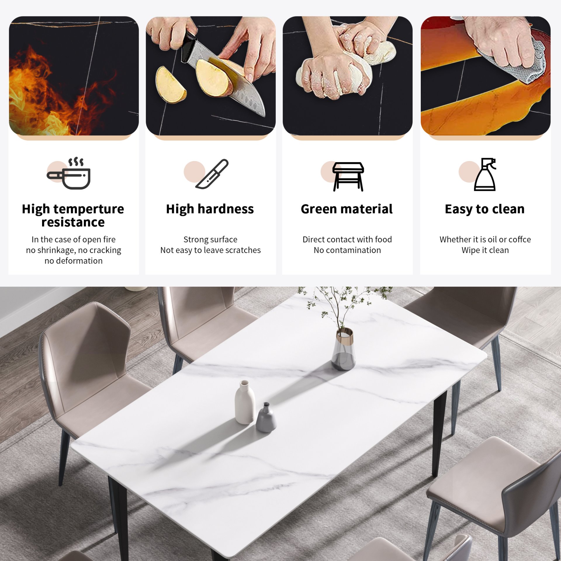 63" Modern Artificial Stone White Straight Edge Black Metal Leg Dining Table, 6 People - White / Black - Image 12