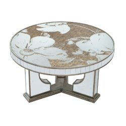 Round Coffee Table With Elegant Floral Design And Mirrored - Silver Multi