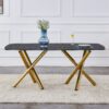 Modern Minimalist Rectangular Dining Table With Imitation Marble Glass & Metal Legs - Black / Gold - Image 5