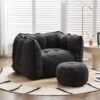 Soft Chenille Bean Bag Chair With High Resilient Foam For Living Room And Bedroom Comfortable Square Lazy Sofa With Footstool - Black - Image 16