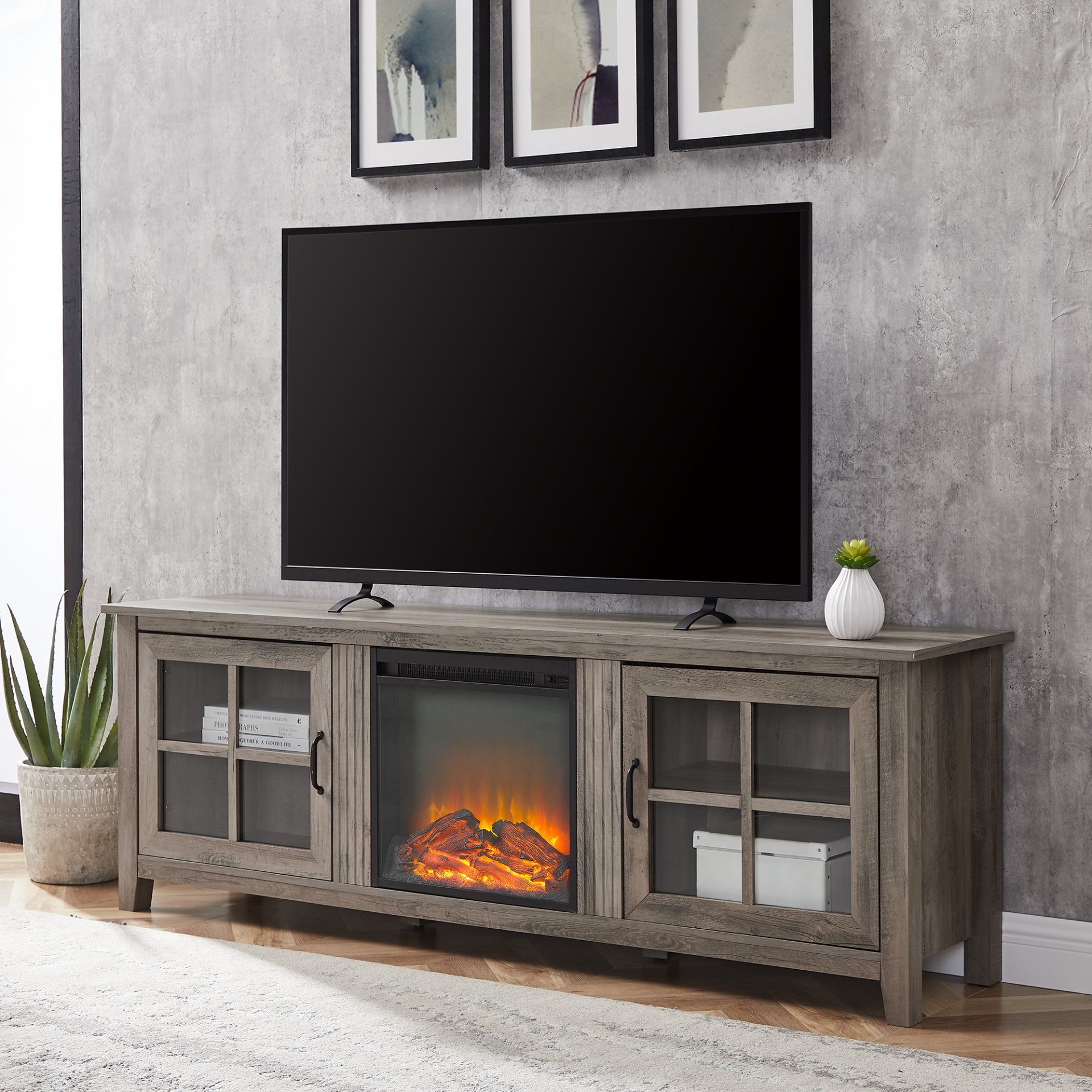 Modern Farmhouse 2 Door Glass Windowpane 70" Fireplace TV Stand For 80" TVs - Gray Wash - Image 4