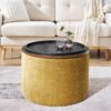 Classic Chenille Storage Ottoman Set With Drum Shaped Stool And Panel - Dark Yellow - Image 6