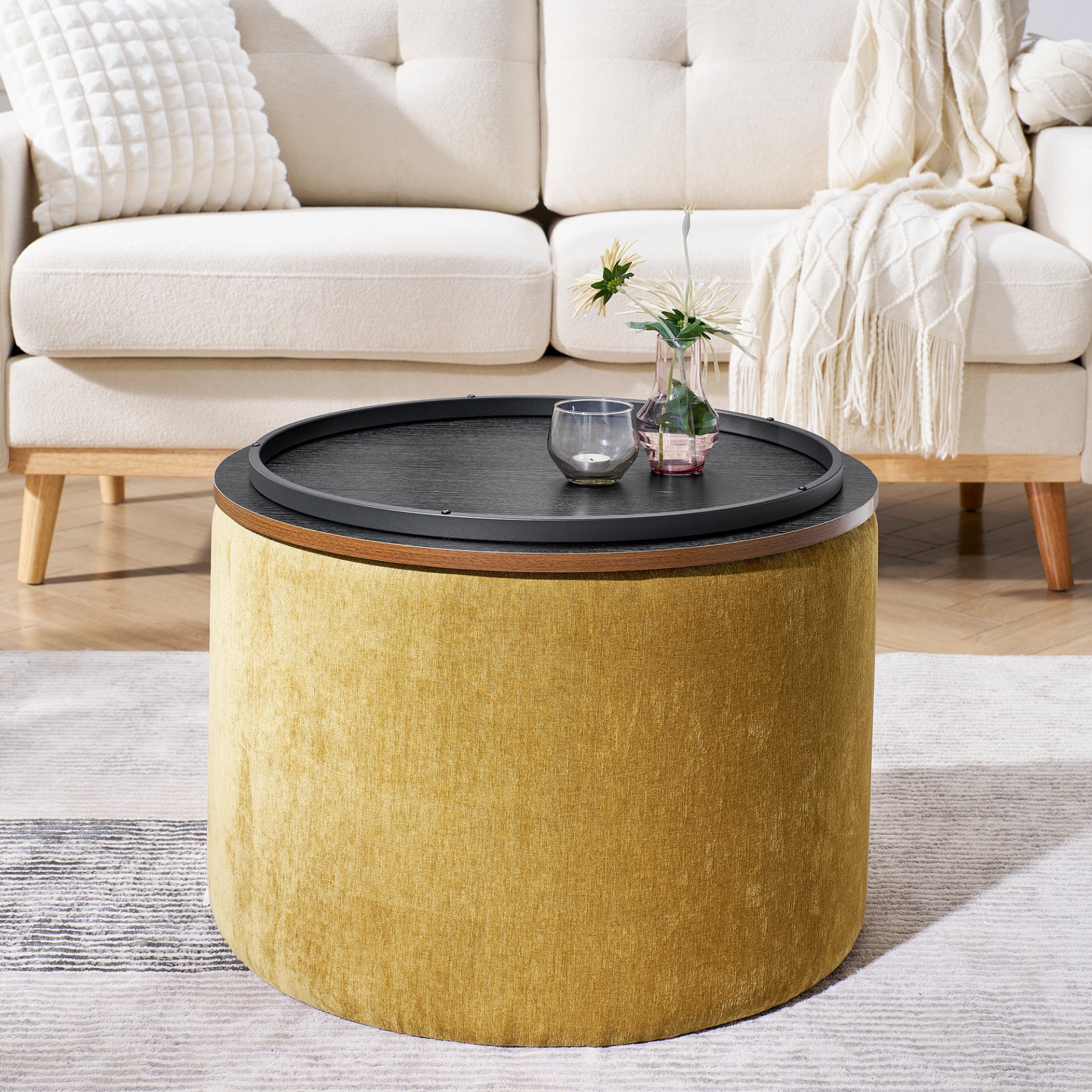 Classic Chenille Storage Ottoman Set With Drum Shaped Stool And Panel - Dark Yellow - Image 6