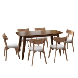 7 Piece Mid Century Dining Set With Walnut Frame, Upholstered Dining Chairs - Light Beige / Walnut