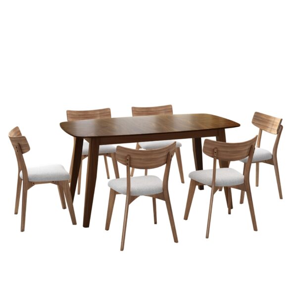 7 Piece Mid Century Dining Set With Walnut Frame, Upholstered Dining Chairs - Light Beige / Walnut