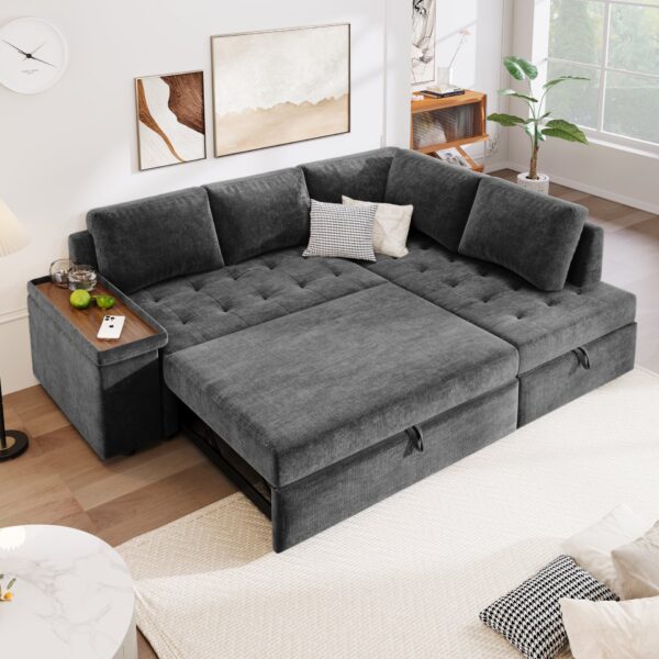 L Shaped Couch With Pull Out Bed And Storage Sectional Sleeper Sofa With Hidden Storage, Wide Armrest With Storage, For Living Room, Apartment, Bedroom, Office - Gray