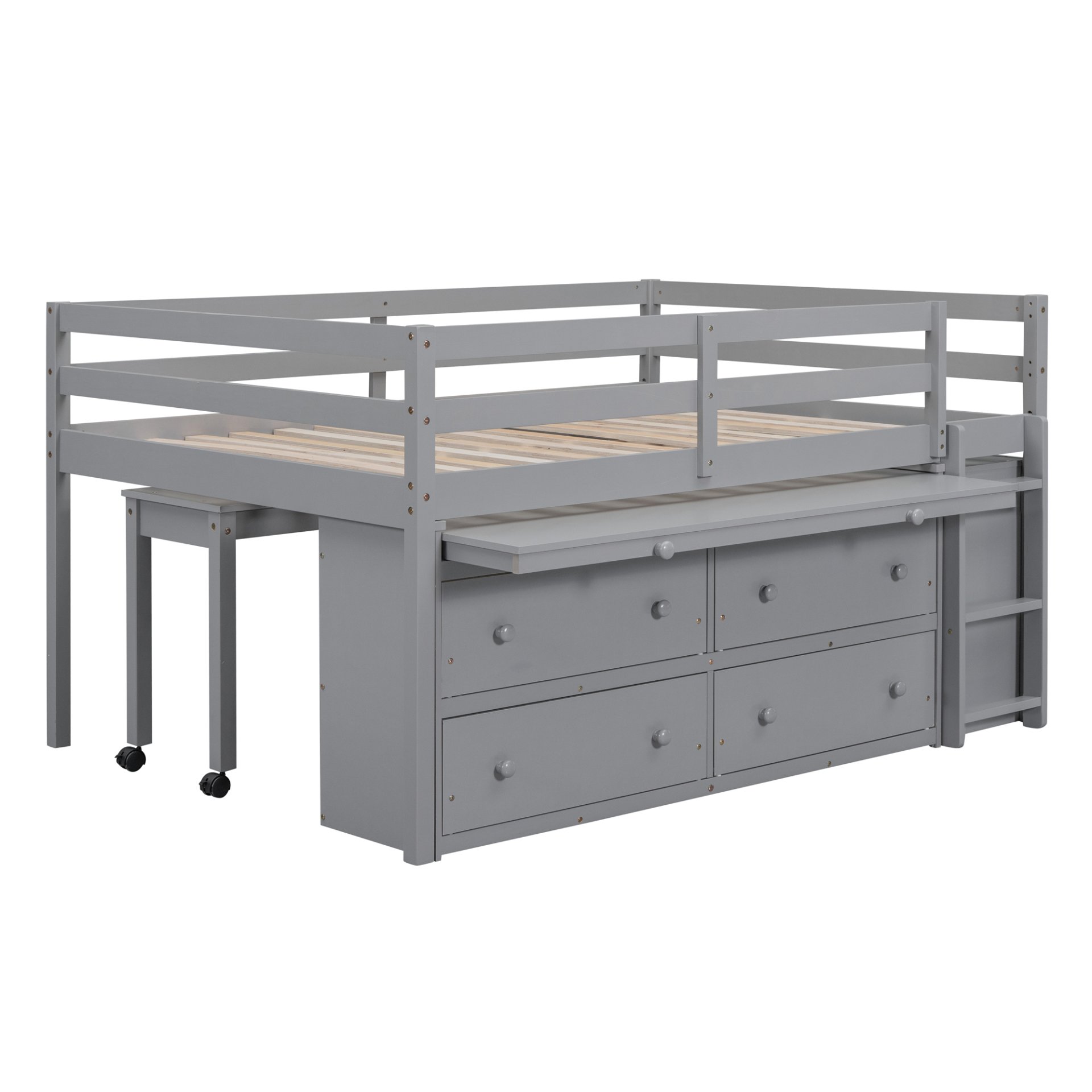 Full Size Loft Bed With Retractable Writing Desk And 4 Drawers, With Lateral Portable Desk And Shelves - Gray - Image 9