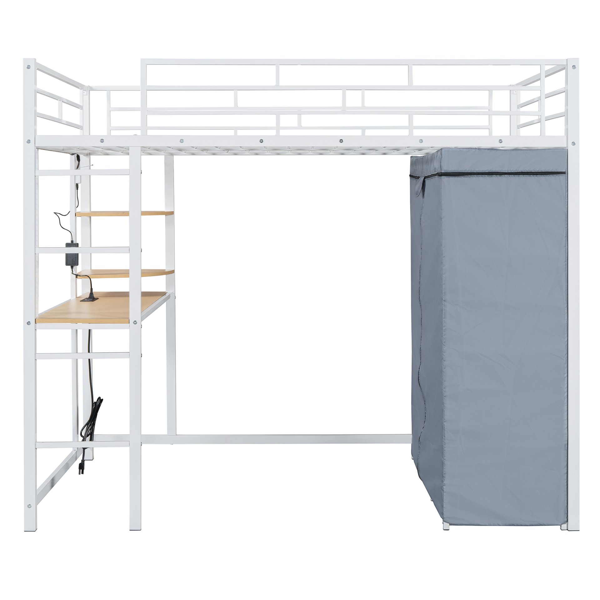 Full Size Loft Bed With Desk, Shelves, Power Outlet, LED Light And Wardrobe - White - Image 16
