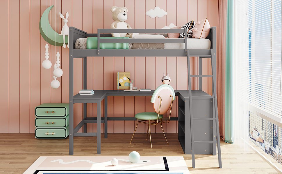 Full Size Loft Bed With Shelves With Desk - Gray - Image 21