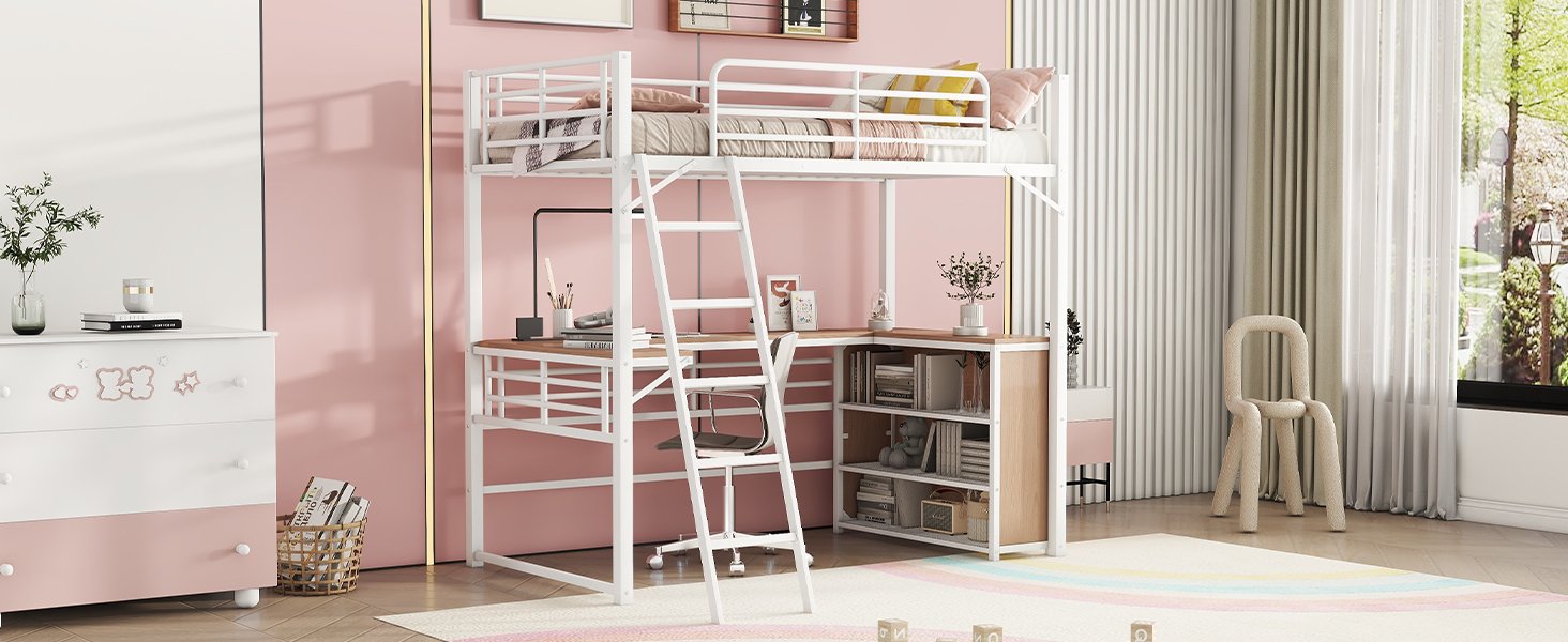 Twin Size Loft Bed With 3 Layers Of Shelves And L-Shaped Desk - White - Image 16