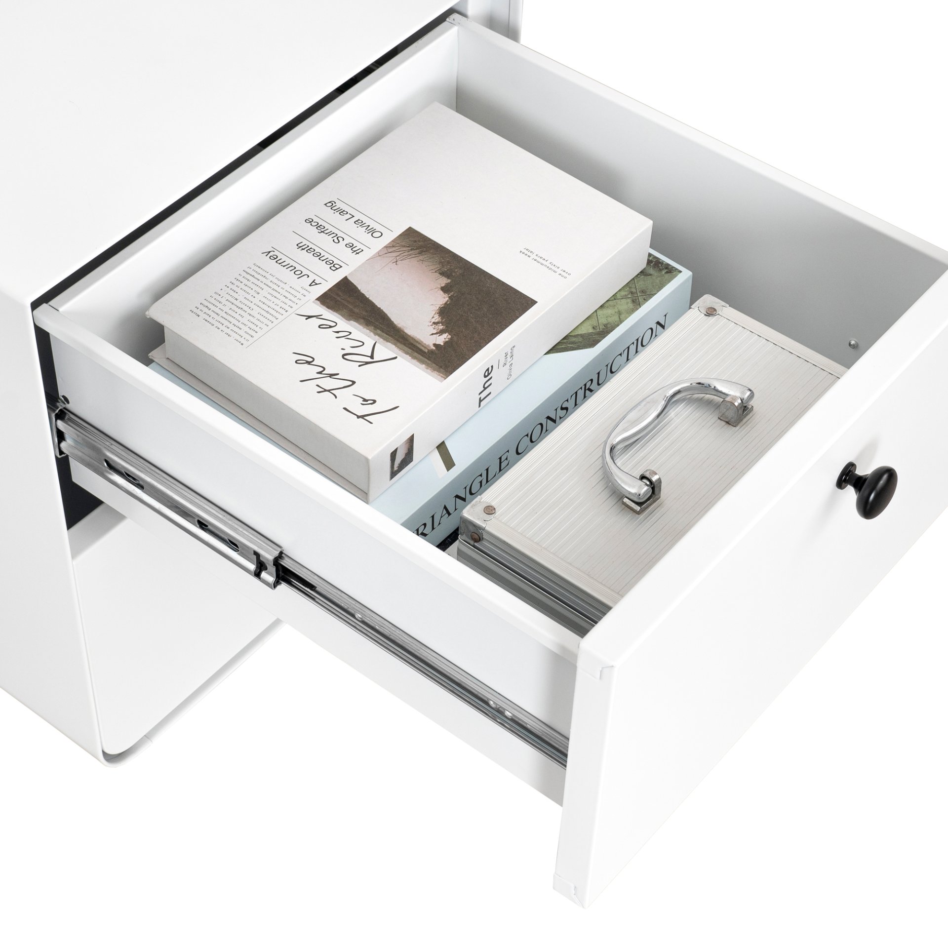 Modern Night Stand Storage Cabinet For Living Room Bedroom, Steel Cabinet With 2 Drawers, Bedside Furniture, Circular Handle - White - Image 8