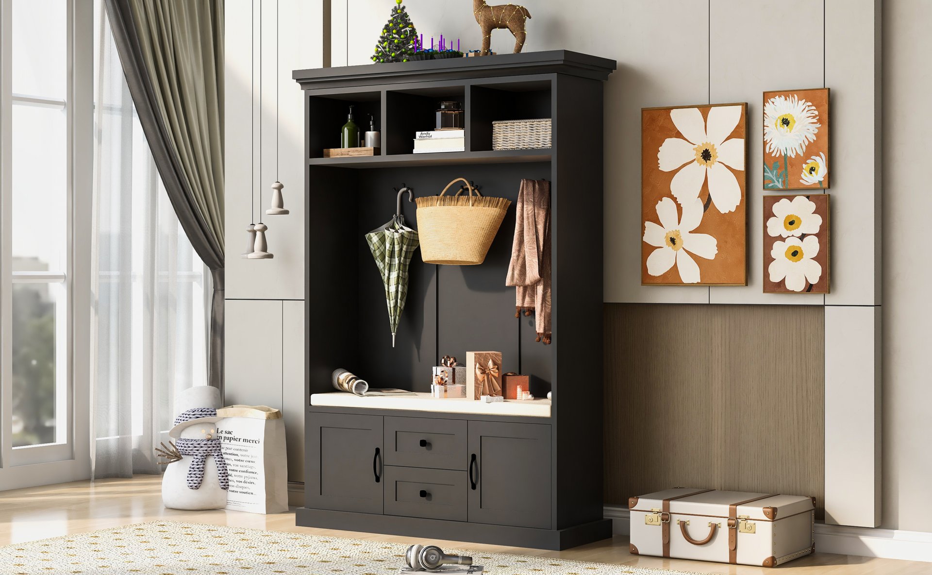 Hall Tree With 3 Hooks, Coat Hanger, Entryway Bench, Storage Bench, 3 In 1 Design, For Entrance, Hallway - Black - Image 4