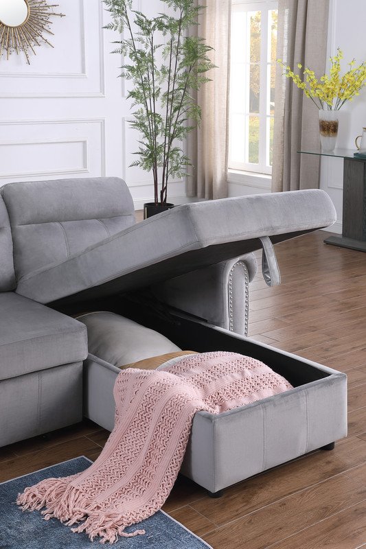 Ashton - Velvet Fabric Reversible Sleeper Sectional Sofa Chaise - Gray - Image 12