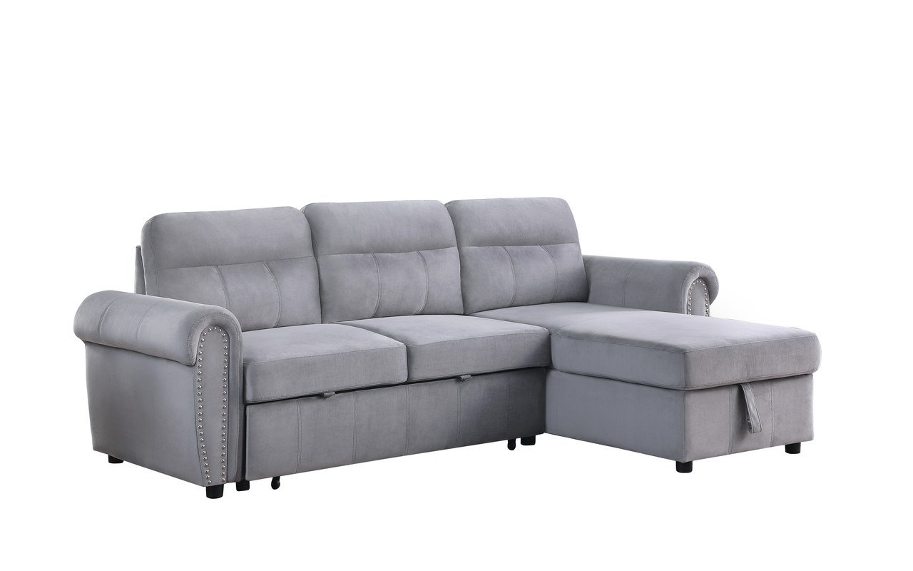 Ashton - Velvet Fabric Reversible Sleeper Sectional Sofa Chaise - Gray - Image 2