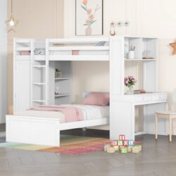 Twin Size Loft Bed With A Stand Alone Bed, Shelves, Desk, And Wardrobe - White