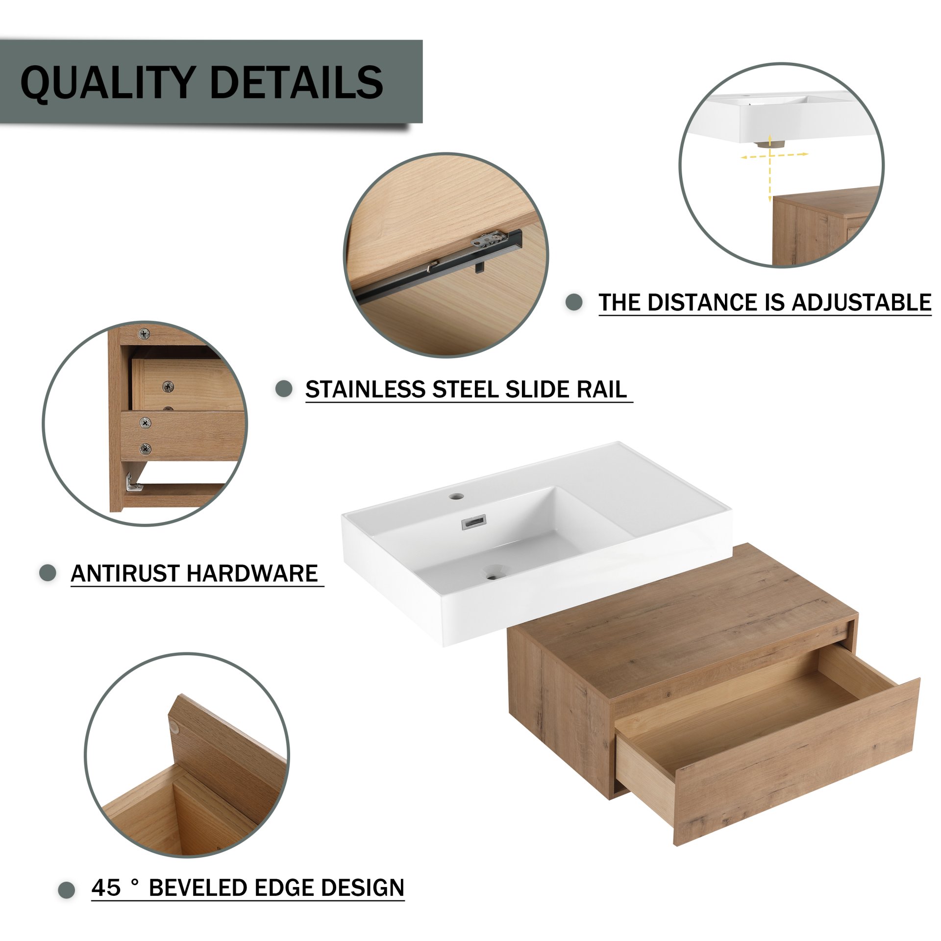 Modern Wall Mounted Bathroom Vanity With Resin Sink And Soft Close Drawer In Imitative - Imitative Oak - Image 8