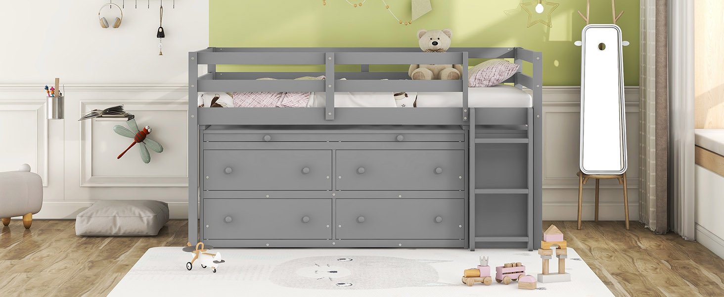 Twin Size Loft Bed With Retractable Writing Desk And 4 Drawers, With Lateral Portable Desk And Shelves - Gray - Image 27