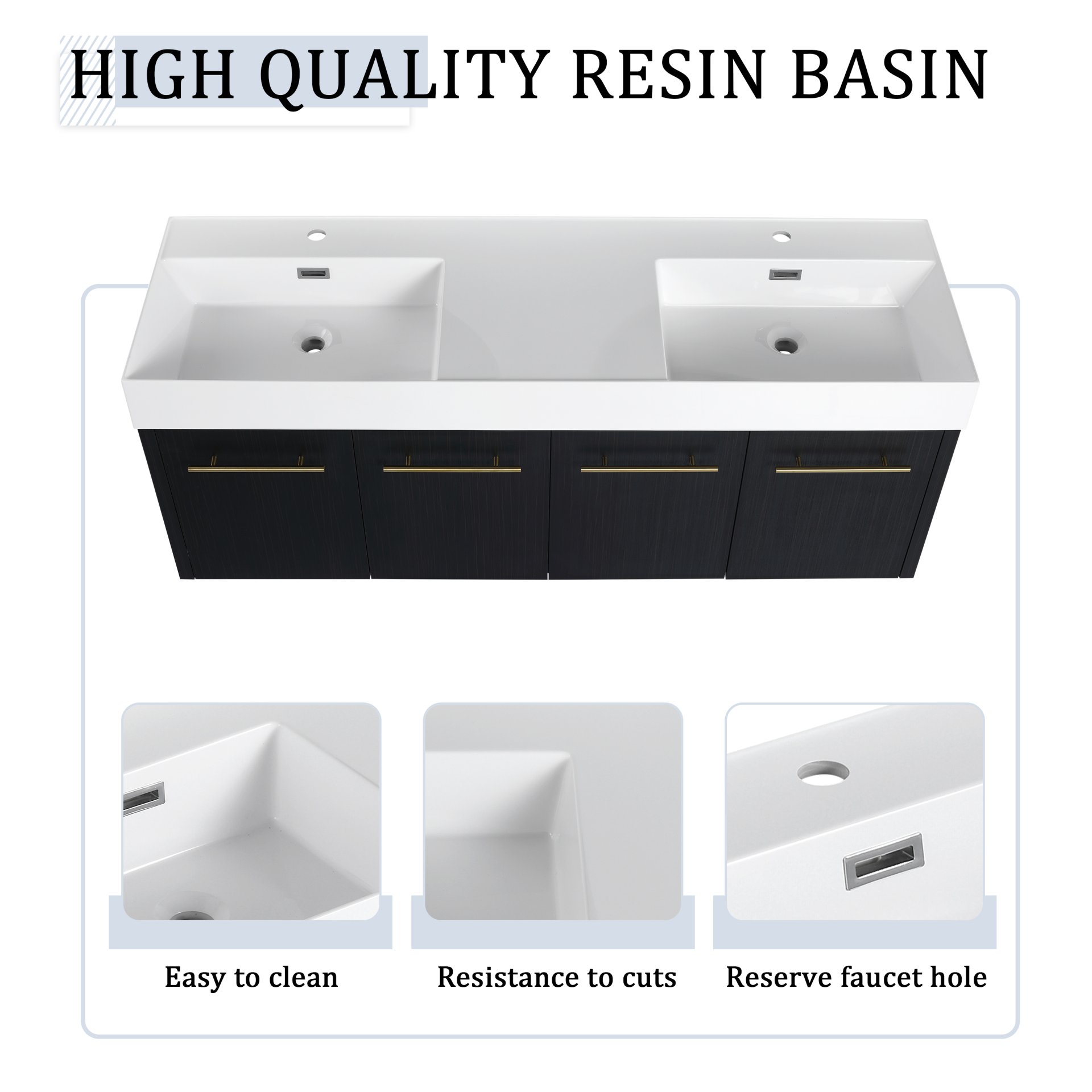 Modern Wall Mounted Bathroom Vanity With Double Resin Sink And Storage Rack - Black Chestnut - Image 6